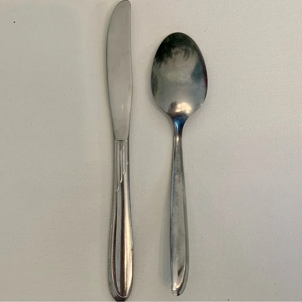 2 Vintage Oneida Early Sand Dune Stainless Groove Down Side Dinner Knife Spoon